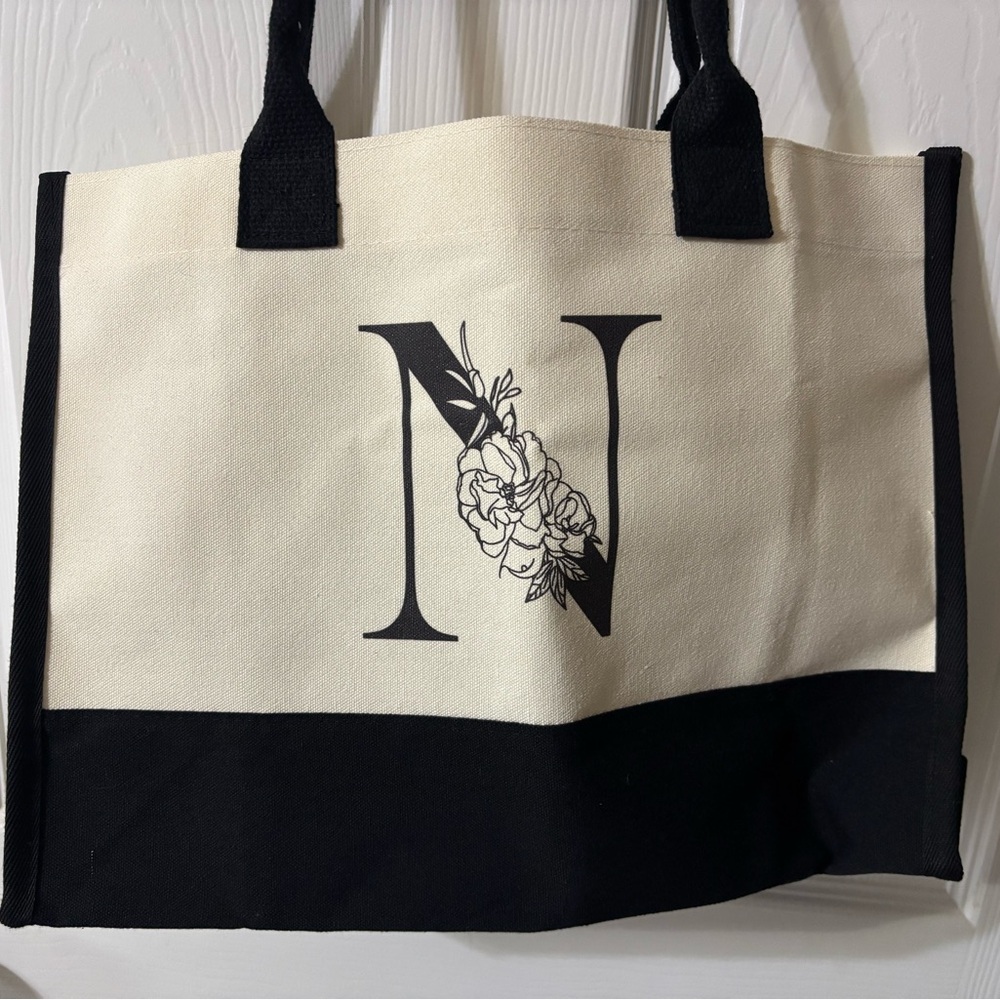 Canvas Tote Bag with Floral 'N' Monogram - Black & Cream with makeup pouch